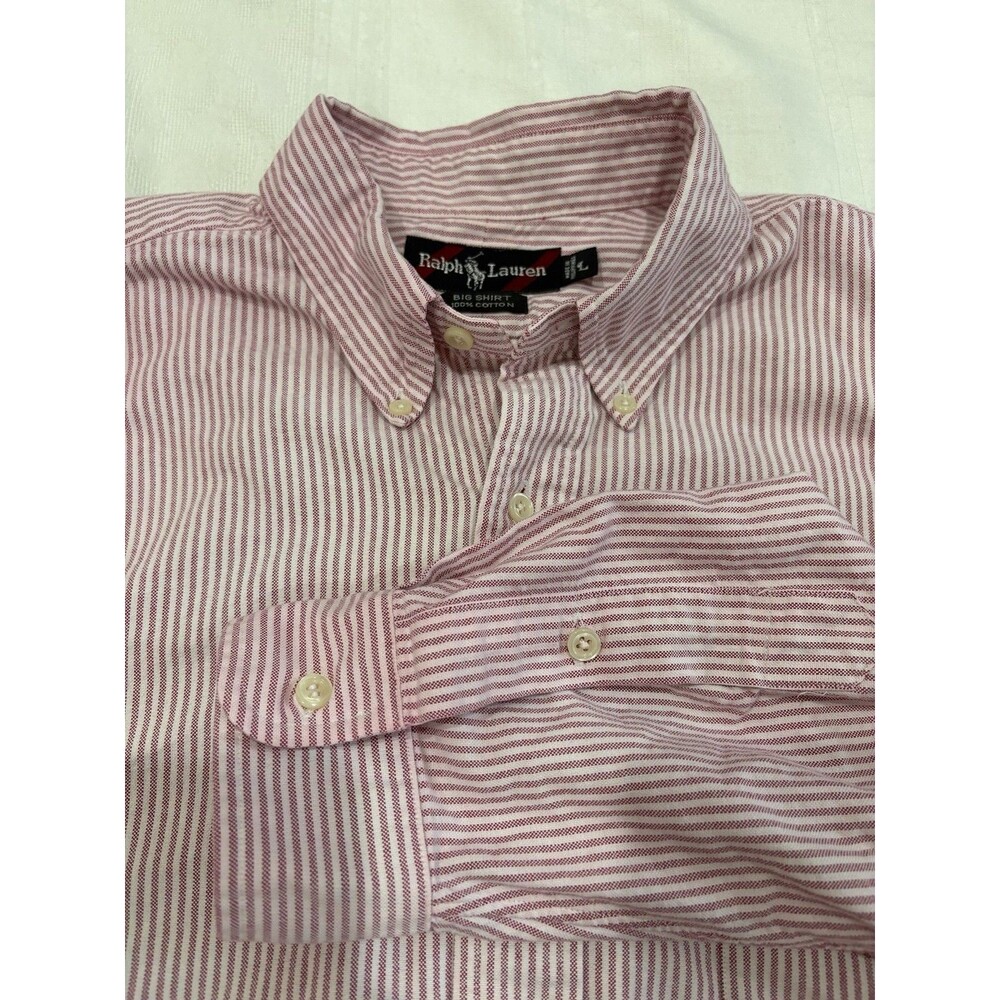 Vintage Ralph Lauren Big Shirt L Red White Stripe Oxford Button Down Pony